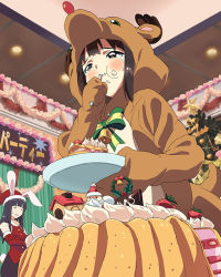 Rule 34 | 10s, 2girls, :t, animal costume, animal ears, bell, blunt bangs, bow, brown eyes, brown hair, cake, cake slice, ceiling, ceiling light, christmas, christmas ornaments, christmas tree, crossed arms, dutch angle, eating, elbow gloves, fake animal ears, food, food on face, from below, fruit, gloves, hat, holding, holding plate, icing, indoors, katayama minami, long hair, merry christmas, multiple girls, nanase yoshino, official art, plate, purple hair, rabbit ears, rabbit tail, red gloves, red shirt, reindeer costume, santa hat, shirt, sleeveless, sleeveless shirt, solo focus, strawberry, sweatdrop, tail, tears, wake up girls!, wake up girls! stage no tenshi