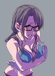 Rule 34 | 10s, 1girl, bikini, black hair, blush, breasts, cleavage, crossed arms, glasses, gloves, idolmaster, idolmaster million live!, long hair, looking at viewer, open mouth, red eyes, solo, swimsuit, takayama sayoko, thesale, twintails, white gloves