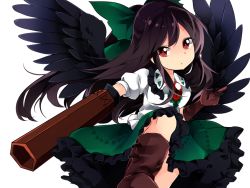Rule 34 | 1girl, :/, arm cannon, bird wings, black hair, blouse, boots, bow, frilled skirt, frills, gloves, hair bow, head tilt, highres, long hair, looking at viewer, mikomo0106, red eyes, reiuji utsuho, shirt, short sleeves, simple background, single glove, skirt, solo, third eye, touhou, transparent background, weapon, white background, wings