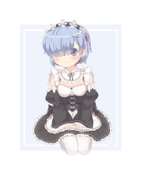 Rule 34 | 10s, 1girl, absurdres, apron, artist name, bad id, bad pixiv id, black dress, blue background, blue eyes, blue hair, blush, breasts, character name, cleavage, closed mouth, commentary request, dress, fingernails, foreign blue, frilled apron, frilled dress, frills, hair ornament, hair over one eye, hands on lap, head tilt, highres, juliet sleeves, long hair, long sleeves, looking at viewer, medium breasts, pantyhose, puffy sleeves, re:zero kara hajimeru isekai seikatsu, rem (re:zero), seiza, sitting, sleeveless, sleeveless dress, sleeves past wrists, smile, solo, two-tone background, white apron, white background, white pantyhose, wide sleeves, x hair ornament