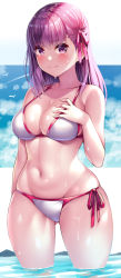 Rule 34 | 1girl, bare shoulders, bikini, blush, breasts, collarbone, fate/stay night, fate (series), gluteal fold, hair ribbon, highres, large breasts, looking at viewer, matou sakura, nano (syoutamho), navel, official alternate costume, purple eyes, purple hair, ribbon, shiny skin, side-tie bikini bottom, swimsuit, thighs, water, wet