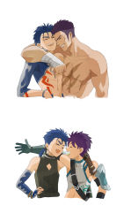Rule 34 | ^ ^, abs, absurdres, aged down, arm around shoulder, bandages, biceps, blue hair, bodypaint, bracelet, closed eyes, collarbone, cu chulainn (fate), cu chulainn (fate/stay night), cu chulainn (second ascension) (fate), detached sleeves, earrings, fate/grand order, fate (series), fergus mac roich (fate), fergus mac roich (young) (fate), gloves, grin, hand on own hip, highres, jewelry, male focus, multiple boys, multiple views, muscular, muscular male, navel, pectorals, ponytail, purple hair, scar, scar on chest, shirt, shitakawa, simple background, skin tight, sleeveless, sleeveless shirt, smile, spiked hair