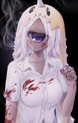 Rule 34 | 1girl, absurdres, azen (mntimcczgrtn), blood, blood on clothes, blood on face, blood on hands, blood splatter, brass knuckles, cigarette, clenched hand, collarbone, collared shirt, cyclops, dark-skinned female, dark skin, dinosaur hood, facing viewer, highres, long hair, looking to the side, monster girl, one-eyed, original, parted bangs, partially unbuttoned, purple eyes, shirt, short sleeves, smoke, smoking, solo, weapon, white hair