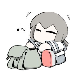 Rule 34 | 1girl, ^ ^, bag, blue neckerchief, blue sailor collar, blue skirt, brown hair, chibi, closed eyes, commentary request, closed eyes, fubuki (kancolle), grey footwear, kantai collection, low twintails, medium hair, musical note, neckerchief, no mouth, open bag, pleated skirt, sailor collar, school uniform, serafuku, shirt, shoes, short sleeves, sidelocks, simple background, sitting, skirt, solo, task (s task80), twintails, uniform, white background, white shirt