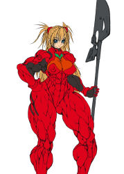 Rule 34 | 1girl, abs, bodysuit, breasts, extreme muscles, female focus, hand on own hip, highres, hip focus, muscular, muscular female, neon genesis evangelion, plugsuit, purukogi (plasma beach), simple background, solo, souryuu asuka langley, white background