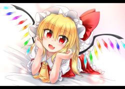 Rule 34 | 1girl, :d, alternate hair length, alternate hairstyle, ascot, blonde hair, blush, commentary, eyes visible through hair, fang, flandre scarlet, frilled shirt collar, frills, hat, hat ribbon, head rest, highres, letterboxed, long hair, looking at viewer, lying, marukyuu ameya, mob cap, on bed, on stomach, open mouth, red eyes, ribbon, skirt, skirt set, smile, socks, solo, touhou, vest, wings