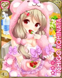 Rule 34 | 1girl, animal hoodie, blonde hair, bottle, bow, braid, breasts, card, character name, day, dress, food, fruit, girlfriend (kari), hair ornament, hairclip, hood, hood up, kohinata ichigo, long hair, official art, open mouth, outdoors, pink bow, pink dress, qp:flapper, red eyes, smile, strawberry, stuffed animal, stuffed toy, table, tagme, teddy bear, water bottle