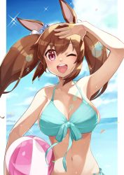 Rule 34 | 1girl, animal ears, arm up, bad id, bad pixiv id, ball, beachball, bikini, blush, breasts, commentary request, hishi akebono (umamusume), horse ears, inomata konomu, large breasts, looking at viewer, ocean, one eye closed, open mouth, red eyes, sky, solo, swimsuit, twintails, umamusume