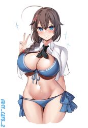 Rule 34 | 1girl, bikini, blue bikini, blue eyes, blush, braid, breasts, brown hair, commentary request, cowboy shot, hair between eyes, hat, highres, kantai collection, large breasts, long hair, navel, official alternate costume, open clothes, open mouth, open shirt, shigure (kancolle), shigure kai san (kancolle), shirt, simple background, single braid, smile, solo, straw hat, swimsuit, tf cafe, twitter username, white background, white shirt