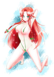 Rule 34 | 1girl, breasts, earrings, green eyes, green one-piece swimsuit, hong meiling, jewelry, large breasts, long hair, one-piece swimsuit, red hair, slingshot swimsuit, smile, solo, swimsuit, touhou, very long hair
