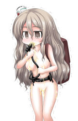 Rule 34 | 10s, 1girl, alcohol, beer, belt, blush, breasts, censored nipples, collarbone, drunk, grey eyes, grey hair, hat, heart, heart-shaped pupils, hose, kantai collection, long hair, no nipples, nude, open mouth, ouno (nounai disintegration), pola (kancolle), sexually suggestive, solo, symbol-shaped pupils, wavy hair, white background