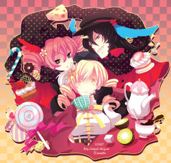 Rule 34 | 10s, 1boy, 2girls, bad id, bad pixiv id, beret, black hair, blonde hair, cake, candy, charlotte (madoka magica), checkered background, cheese, cup, cupcake, dated, drill hair, dual persona, fingerless gloves, food, fruit, genderswap, genderswap (ftm), gloves, grin, hair ornament, hand on another&#039;s cheek, hand on another&#039;s face, hat, hobak, horns, hug, kiwi (fruit), lollipop, magical girl, mahou shoujo madoka magica, mahou shoujo madoka magica (anime), multiple girls, nail polish, personification, pink eyes, pink hair, signature, single horn, smile, strawberry, teacup, teapot, tomoe mami, twin drills, twintails, upper body, watermark, yellow eyes