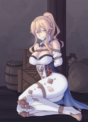 Rule 34 | 1girl, arms behind back, bag, bare shoulders, barrel, bdsm, blonde hair, blue eyes, bondage, boots, bound, breasts, cleavage, cleave gag, cloth gag, commentary, crate, detached collar, detached sleeves, gag, gagged, genshin impact, hair between eyes, hao718, highres, improvised gag, indoors, jean (genshin impact), large breasts, leggings, long hair, looking at viewer, pants, ponytail, rope, shirt, sidelocks, sitting, solo, strapless, strapless shirt, thighs, white footwear, white pants