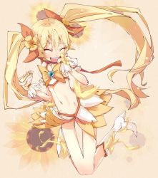 Rule 34 | 10s, 1girl, blonde hair, blush, boots, bow, brooch, cure sunshine, flower, happy, hato haru, heart, heart brooch, heartcatch precure!, highres, jewelry, knee boots, long hair, magical girl, midriff, myoudouin itsuki, precure, ribbon, skirt, smile, solo, sunflower, thigh gap, twintails, yellow background, yellow bow, yellow skirt, yellow theme