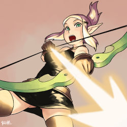 Rule 34 | 1girl, arrow (projectile), bare shoulders, belt, blonde hair, bow (weapon), breasts, cra (wakfu), drawing bow, dress, evangelyne (wakfu), folded ponytail, freckles, gloves, glowing, glowing weapon, green eyes, hair ornament, hairclip, holding, holding bow (weapon), holding weapon, pointy ears, sleeveless, sleeveless dress, small breasts, solo, thighhighs, tsukudani (coke-buta), tunic, wakfu, weapon