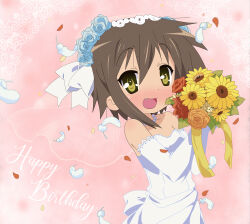 Rule 34 | 1girl, :d, absurdres, back bow, bare shoulders, blush, bouquet, bow, brown hair, commentary request, dress, elbow gloves, english text, fang, flower, flower hairband, gloves, hairband, hands up, happy birthday, highres, holding, holding bouquet, jewelry, kusakabe misao, looking at viewer, lucky star, meatball03, necklace, open mouth, pearl necklace, petals, pink background, smile, solo, strapless, strapless dress, sunflower, upper body, wedding dress, white bow, white dress, white gloves, white hairband, yellow eyes, yellow flower