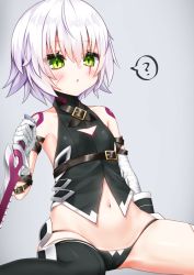 Rule 34 | 1girl, ?, arm belt, bandaged arm, bandages, bare shoulders, black gloves, black panties, black thighhighs, black vest, blush, breasts, cameltoe, dagger, elbow gloves, facial scar, fate/apocrypha, fate/grand order, fate (series), gloves, green eyes, grey hair, hair between eyes, highres, holding, holding dagger, holding knife, holding weapon, jack the ripper (fate/apocrypha), knife, looking at viewer, lowleg, lowleg panties, navel, panties, scar, scar across eye, scar on cheek, scar on face, short hair, shoulder tattoo, single glove, sitting, small breasts, solo, tattoo, thighhighs, thighs, underwear, vest, weapon, white hair