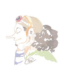 Rule 34 | 1boy, black hair, closed eyes, commentary, fish191101756, goggles, goggles on head, green shirt, headphones, long nose, male focus, one piece, profile, shirt, signature, simple background, smile, solo, symbol-only commentary, usopp, white background, wristband