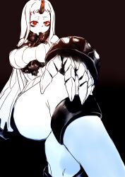Rule 34 | 1girl, abyssal ship, black background, boots, breasts, claws, colored skin, commentary, crossed legs, detached sleeves, dress, guriguri grimreaper, hand on own knee, highres, horns, kantai collection, knee boots, large breasts, long hair, open mouth, oversized forearms, oversized limbs, pale skin, red eyes, ribbed dress, ribbed sweater, seaport princess, simple background, single horn, sitting, solo, striped horns, sweater, sweater dress, thighs, very long hair, white dress, white footwear, white hair, white skin, white sweater