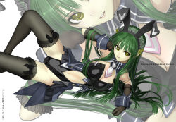 Rule 34 | 1girl, animal ears, arm support, banpresto, breasts, cleavage, gloves, green hair, long hair, lying, nakabayashi reimei, navel, necktie, on side, ouka nagisa, rabbit ears, smile, solo, super robot wars, super robot wars original generation, thighhighs, yellow eyes, zoom layer