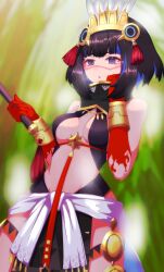 Rule 34 | 1girl, absurdres, bare shoulders, black hair, black skirt, blood, blood on hands, blue hair, blush, bracer, breasts, colored inner hair, detached collar, facepaint, fate/grand order, fate (series), feathers, grey eyes, halterneck, headdress, high collar, highres, looking at viewer, medium breasts, multicolored hair, open mouth, pelvic curtain, sash, short hair, sidelocks, skirt, solo, tassel, tenochtitlan (fate), tenochtitlan (first ascension) (fate), thighs, zundat