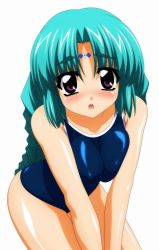 Rule 34 | 1990s (style), 1girl, absurdres, blue hair, blush, breasts, canal vorfeed, competition school swimsuit, covered erect nipples, highres, large breasts, long hair, lost universe, one-piece swimsuit, purple eyes, school swimsuit, solo, sugimura tomokazu, swimsuit, very long hair