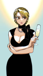 Rule 34 | 1girl, absurdres, air bubble, alcohol, arms under breasts, bare arms, bead necklace, beads, black dress, blonde hair, blue background, braid, breasts, brown eyes, bubble, choker, cleavage, cowboy shot, crossed arms, crown braid, cup, dress, drinking glass, earrings, eyelashes, formal, fullmetal alchemist, hair between eyes, highres, holding, holding cup, jewelry, large breasts, lipstick, makeup, necklace, ozaki (tsukiko3), parted lips, pearl earrings, pink lips, riza hawkeye, sideways glance, sleeveless, sleeveless dress, solo, updo, wine