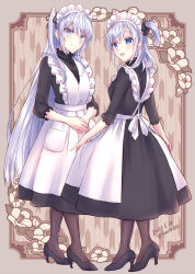 Rule 34 | 2girls, alternate costume, apron, black dress, black legwear, black ribbon, breasts, commentary request, dated, dress, enmaided, fuyutsuki (kancolle), hair between eyes, hair ribbon, highres, kabocha torute, kantai collection, long hair, maid, maid headdress, multiple girls, one side up, pantyhose, parted lips, ribbon, side ponytail, simple background, smile, standing, suzutsuki (kancolle), twitter username, very long hair, white apron, white hair