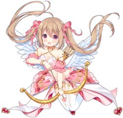 Rule 34 | 1girl, :d, ark order, arrow (projectile), blush, bow, bow (weapon), breasts, brown hair, crop top, detached sleeves, drawing bow, eros (ark order), feathered wings, feathers, floating, frilled sleeves, frills, full body, garter straps, gold trim, hair bow, holding, holding arrow, holding bow (weapon), holding weapon, ikataruto, large breasts, long hair, looking at viewer, official art, open mouth, panties, pink bow, pink eyes, pink shirt, pink skirt, puffy short sleeves, puffy sleeves, quiver, shirt, short sleeves, sidelocks, skirt, smile, solo, tachi-e, thighhighs, transparent background, twintails, underwear, very long hair, weapon, white feathers, white panties, white thighhighs, white wings, wings
