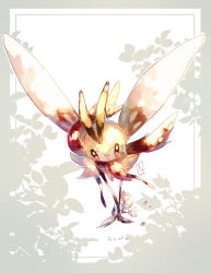 Rule 34 | brown eyes, closed mouth, commentary request, creatures (company), flower, flying, framed, full body, game freak, gen 7 pokemon, highres, nintendo, no humans, pokemon, pokemon (creature), ribombee, riri (riri nasinasi), solo, translation request, yellow fur