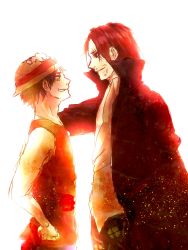 Rule 34 | 2boys, amputee, black hair, hand on headwear, hat, jacket, male focus, monkey d. luffy, multiple boys, one piece, red hair, red vest, scar, shanks (one piece), shirt, smile, straw hat, vest, white shirt