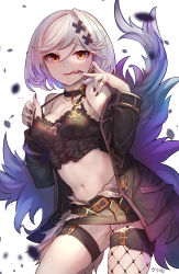 Rule 34 | 1girl, absurdres, alter ego malevolent (granblue fantasy), arpeggio kaga, bare shoulders, belt, black jacket, black nails, black skirt, breasts, chain, choker, cross-laced clothes, djeeta (granblue fantasy), finger to mouth, fishnet pantyhose, fishnets, glint, granblue fantasy, grey hair, hair ornament, hairclip, highres, jacket, jewelry, licking, licking finger, long sleeves, looking at viewer, microskirt, midriff, nail polish, navel, off shoulder, open clothes, open jacket, orange eyes, pantyhose, petals, red eyes, ring, short hair, single leg pantyhose, skirt, solo, standing, standing on one leg, strap gap, strap lift, swept bangs, thighband pantyhose, tongue, tongue out, white background, x hair ornament