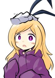 Rule 34 | 1girl, akagami (feat akagami), blonde hair, blush, bow hairband, bright pupils, disembodied limb, drawstring, hairband, headpat, hood, hood down, hoodie, long hair, long sleeves, monster strike, open mouth, pandora (monster strike), purple eyes, purple hoodie, simple background, sleeves past wrists, solo focus, upper body, white background, white pupils