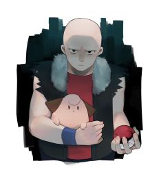 Rule 34 | 1boy, bald, black eyes, black vest, border, cleffa, closed mouth, commentary request, crack, creatures (company), frown, furosushi, game freak, gen 2 pokemon, highres, holding, holding poke ball, looking at viewer, male focus, nintendo, open clothes, open vest, poke ball, poke ball (basic), pokemon, pokemon (creature), pokemon dppt, red shirt, roughneck (pokemon), shirt, sleeveless, sleeveless shirt, upper body, vest, white border, wristband