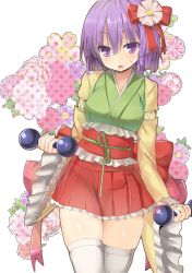 Rule 34 | 1girl, absurdres, bad id, bad pixiv id, blush, breasts, dumbbell, exercise, flower, greatmosu, hair flower, hair ornament, hieda no akyuu, highres, japanese clothes, kimono, long sleeves, looking at viewer, obi, open mouth, purple eyes, purple hair, sash, solo, sweatdrop, thighhighs, thighs, touhou, tsurime, weightlifting, weights, white thighhighs, wide sleeves, zettai ryouiki