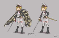 Rule 34 | 1girl, artist name, black footwear, blonde hair, boots, breasts, character name, conquest (starsector), de.calvin, full body, hat, holding, holding weapon, long sleeves, looking at viewer, military, military hat, military uniform, multiple views, open mouth, peaked cap, personification, smile, standing, starsector, sword, thighhighs, uniform, weapon, white thighhighs, yellow eyes