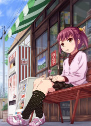 Rule 34 | 1girl, awning, bare tree, beidan, bench, black socks, blush, candy, day, eating, food, hair ribbon, heart, heart print, kneehighs, lollipop, mouth hold, original, polka dot, power lines, print socks, purple hair, ribbon, shoes, short twintails, sitting, skirt, sky, sneakers, socks, solo, storefront, tree, twintails, utility pole, vending machine, yellow eyes