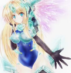 Rule 34 | 1girl, armor, black footwear, black gloves, blonde hair, blue armor, blue eyes, blue one-piece swimsuit, blush, boots, breasts, collarbone, energy wings, gloves, headgear, highres, hikawa atsumi, large breasts, long hair, looking at viewer, one-piece swimsuit, riesz, seiken densetsu, seiken densetsu 3, smile, sparkle, square enix, standing, swimsuit, thigh boots, white background, wings