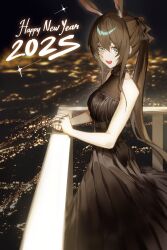 1girl 2025 :d alternate_costume amiya_(arknights) animal_ear_fluff animal_ears arknights artist_name balcony bare_arms bare_shoulders black_dress black_sky bloom blue_eyes blue_nails blurry blurry_background brown_hair city_lights commentary depth_of_field dress english_commentary feet_out_of_frame from_side hair_between_eyes halterneck hand_on_railing hand_rest happy_new_year highres infection_monitor_(arknights) jewelry long_dress long_hair long_sidelocks looking_at_viewer looking_to_the_side multiple_rings new_year night nyxview open_mouth outdoors ponytail rabbit_ears rabbit_girl ring sidelocks sideways_glance sky sleeveless sleeveless_dress smile solo sparkle teeth upper_teeth_only very_long_hair