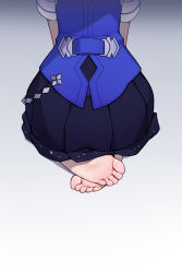 Rule 34 | 1girl, absurdres, ass, barefoot, blue shirt, blue vest, grey background, highres, honkai (series), honkai impact 3rd, neprbq, no shoes, seele vollerei, seele vollerei (swallowtail phantasm), seiza, shadow, shirt, short sleeves, sitting, soles, solo, toes, vest
