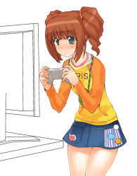 Rule 34 | 00s, a1 (initial-g), brown hair, green eyes, idolmaster, idolmaster (classic), idolmaster 1, playing games, raglan sleeves, skirt, solo, takatsuki yayoi, twintails, video game