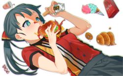 Rule 34 | 1girl, aqua hair, blue eyes, breasts, candy, doughnut, food, food on face, burger, ice cream, ketchup, long hair, mustard, open mouth, original, pocky, ponytail, simple background, small breasts, solo, white background, yzh chan