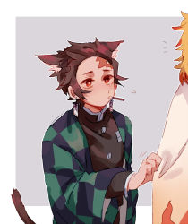 Rule 34 | 2boys, absurdres, animal ears, black jacket, blush, border, brown hair, cat boy, cat ears, cat tail, checkered haori, chinese commentary, clothes pull, commentary request, earrings, food in mouth, gakuran, grey background, highres, jacket, jewelry, kamado tanjirou, kemonomimi mode, kimetsu no yaiba, long sleeves, male focus, mogutofuoes, multiple boys, red eyes, rengoku kyoujurou, school uniform, short hair, simple background, solo focus, tail, white border