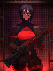 Rule 34 | 1girl, absurdres, android, anti-materiel rifle, armor, black hair, blue eyes, breastplate, breasts, bw-5 nitro express, commentary, elephant gun, elster (signalis), english commentary, expressionless, gun, hair between eyes, highres, holding, holding gun, holding weapon, joints, medium breasts, metal skin, rifle, robot girl, robot joints, short hair, signalis, sniper rifle, solo, spacecraft interior, weapon, xuuikie ashe