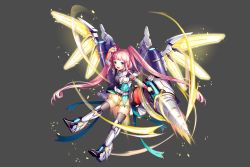 Rule 34 | 1girl, :d, anteros (kamihime), arm up, black thighhighs, bloomers, blue eyes, boots, drill, jetpack, kamihime project, long hair, mechanical wings, motion lines, official art, open mouth, pink hair, slashing, smile, solo, thighhighs, twintails, underwear, very long hair, wings