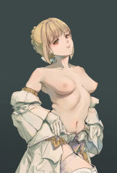 Rule 34 | 1girl, artist request, artoria pendragon (all), artoria pendragon (fate), bare shoulders, blonde hair, blush, breasts, breasts apart, detached sleeves, fate/stay night, fate (series), gloves, hair ribbon, highres, nero claudius (bride) (second ascension) (fate), nipples, no bra, orange eyes, ribbon, saber alter, simple background, skindentation, solo, thighhighs, undressing, white gloves, white thighhighs