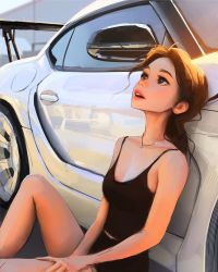 Rule 34 | 1girl, bare arms, bare legs, bare shoulders, breasts, brown eyes, brown hair, car, cleavage, collarbone, day, highres, jewelry, lips, long hair, looking up, motor vehicle, necklace, parted lips, photo-referenced, real life, sam yang, sitting, small breasts, solo, teeth, thighs, toyota, toyota supra, toyota supra mk v, upper teeth only