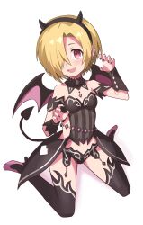 Rule 34 | 1girl, armband, bare shoulders, bikini, black armband, black bikini, black collar, black hairband, black thighhighs, blonde hair, blush, claw pose, collar, demon horns, demon tail, demon wings, detached collar, detached sleeves, dot nose, ear piercing, earrings, fake horns, fake tail, fake wings, flat chest, full body, hair over one eye, hairband, halulu, hands up, high heels, highres, horns, idolmaster, idolmaster cinderella girls, idolmaster cinderella girls starlight stage, idolmaster starlit season, jewelry, looking at viewer, midriff, open mouth, piercing, purple footwear, purple nails, red eyes, shirasaka koume, short hair, simple background, sitting, smile, solo, swimsuit, tail, thighhighs, wariza, white background, wings