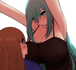 Rule 34 | 2girls, aqua eyes, aqua hair, asa midori, blush, breasts, brown eyes, brown hair, cleavage, closed mouth, highres, huge breasts, long hair, looking at another, multiple girls, original, rezu (the only shoe), simple background, sweat, the only shoe, white background, yuri