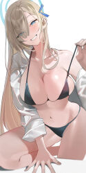 Rule 34 | 1girl, absurdres, asuna (blue archive), bikini, bikini pull, black bikini, blue archive, blue eyes, blush, breasts, buri (retty9349), cleavage, clothes pull, eyelashes, grin, hair over one eye, hair ribbon, halo, head tilt, highres, large breasts, light brown hair, long hair, looking at viewer, off shoulder, open clothes, ribbon, shirt, simple background, smile, solo, swimsuit, very long hair, white background, white shirt